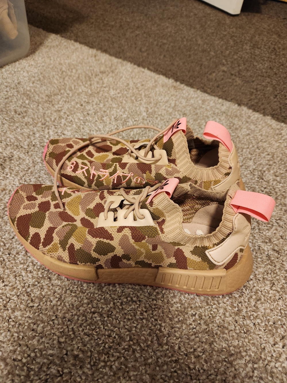 Adidas NMD R1 Camouflage Knit Slip-On Sneakers in Pink and Tan 7.5